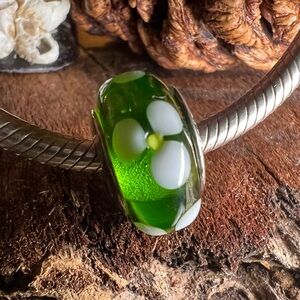 HTF Authentic Pandora Murano Green Flowers For You Charm Glass Bead Spring Fairy